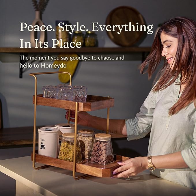 ®️ Handcrafted Premium Homeydo Organizer | Wooden Spice Rack | 2-Tier Kitchen Countertop | Cabinet Storage Shelf | Home Décor Display in Wood (18.0x10.6x18.1 Inch)