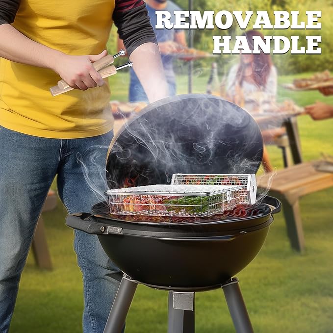 Grill Basket Set (Rectangular+Hexagon), Removable Wooden Handle, 304 Stainless Steel, Rolling Grilling Net, BBQ Accessories Tools for Vegetables Shrimp, Outdoor Cooking Camping, Birthday Gifts for Men Dad Husband