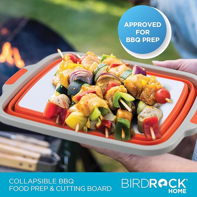 BIRDROCK HOME Collapsible Food Prep & Cutting Board and Grill Caddy Tub with Colander & Lid | Multifunctional Kitchen Vegetable Washing Basket | Silicone Dish Tub for BBQ, Picnic, Tailgate and Camping