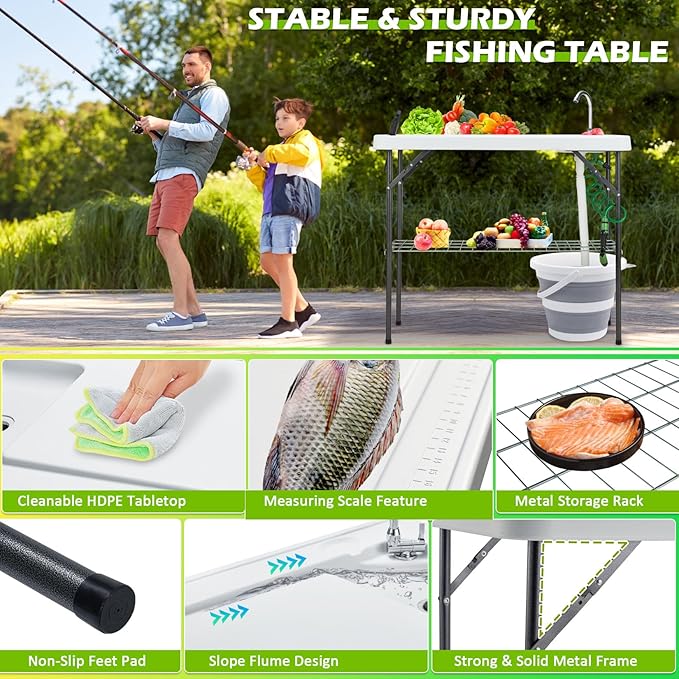 Folding Fish Cleaning Table with Collapsible Bucket, Portable Outdoor Fillet Station Camping Sink Table with Faucet, Drainage Hose & Sprayer, Grid Rack, Knife Groove for Picnic Fishing