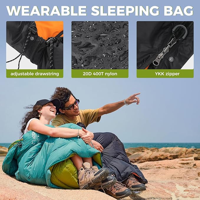 ATEPA Down Sleeping Bag, Recycled 650FP 4 Season Summer & Winter Compact Rectangle Lightweight Waterproof Wearable Sleeping Bag with Compression Sack for Camping Backpacking Hiking