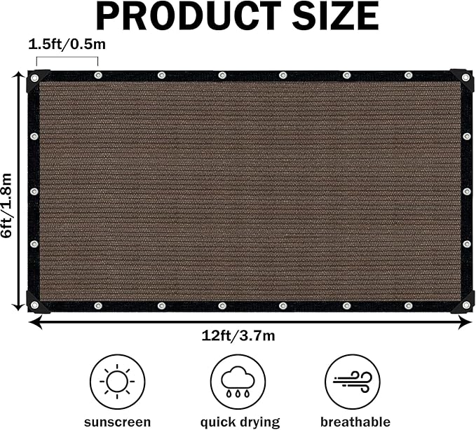 Mocha Sun Shade Cloth,Pergola Shade Cover with Reinforced Grommets,90% Shade Fabric Fence Privacy Screen Balcony,Pergola Shade Cover Canopy Garden Carport Porch Deck Patio Shade Cover,6x12FT