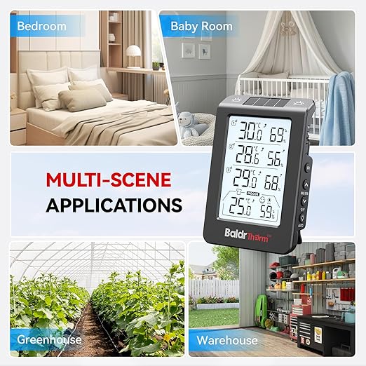 Solar Photosensitive Three Channel Thermo-Hygrometer, Wireless Temperature & Humidity Monitor with 330ft Range, 4.8" Digital Display, Smart Backlight, Real-Time Alerts, Black