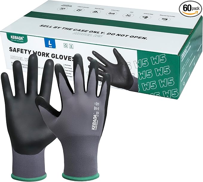 Kebada W5 Work Gloves Bulk Pack (60 Paris), Foam Nitrile Coated Working Gloves with Grip, Ultra Stretchable Spandex Knit Gloves for Gardening and Light Duty Mechanic Work, Small (Made in Vietnam)