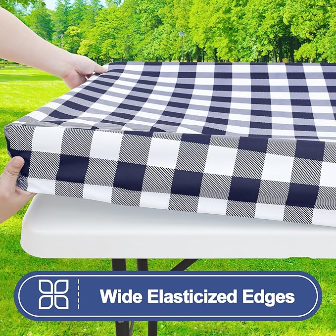 Smiry Picnic Table Cover with Bench Covers, Waterproof Elastic Fitted Tablecloths for 6 Foot Rectangle Tables, Washable Buffalo Plaid Tablecloth for Camping, Outdoor (Navy & White, 30"x72")