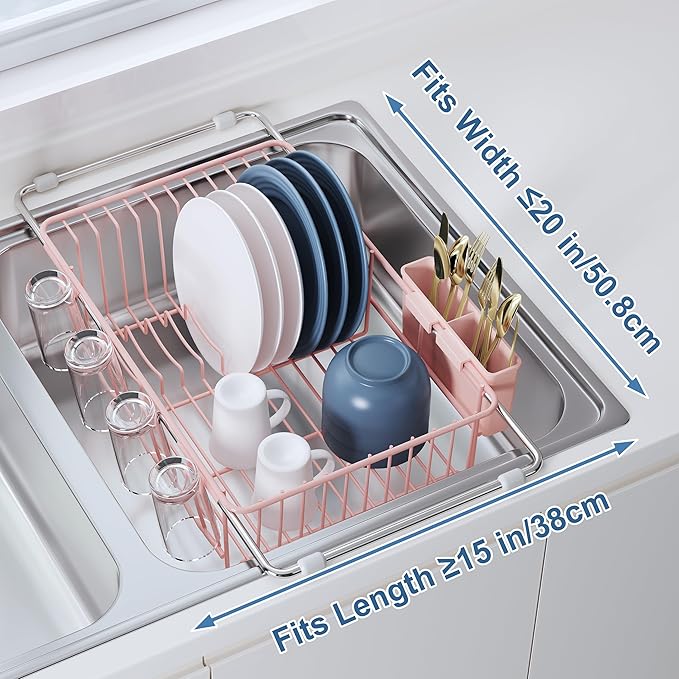 Dish Drying Rack in Sink, Pink Dish Dryer Racks Over Sink, Dishes Drainers for Kitchen Sink, Stainless Steel Plates Drying Rack with Utensil Holder & Cups Holder