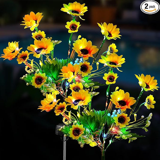 2 Pack Solar Garden Lights Outdoor, Colorful LED Waterproof Solar Powered Sunflowers Landscape Lights for Outside Yard, Patio, Pathway Decorative, Décor, Gifts, Two Lighting Modes