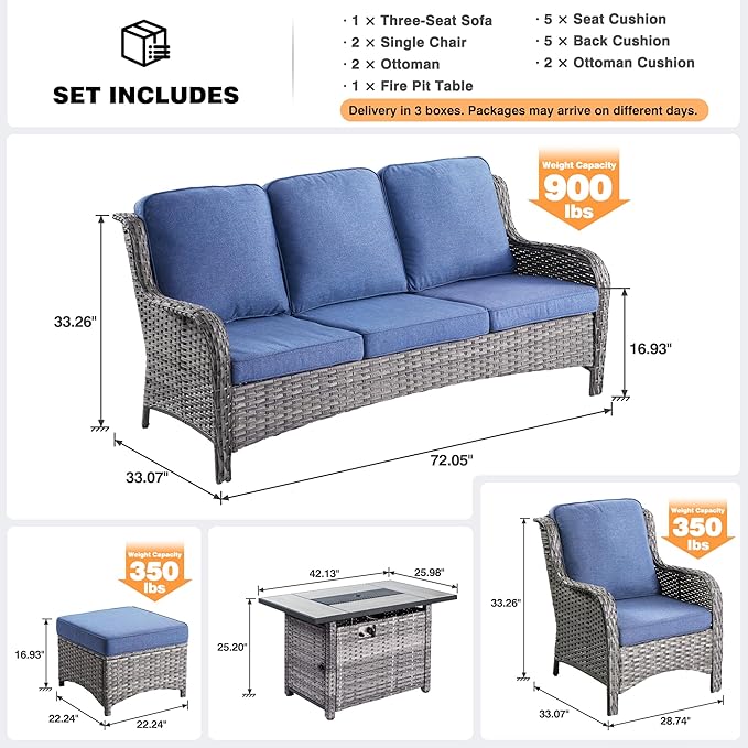 ovios 6 Pieces Patio Furniture Set with 42" Fire Pit Table, Outdoor Wicker Sofa with Ottomans, Comfy Cushions, High Back Couch Conversation Set, Grey Rattan, Denim Blue