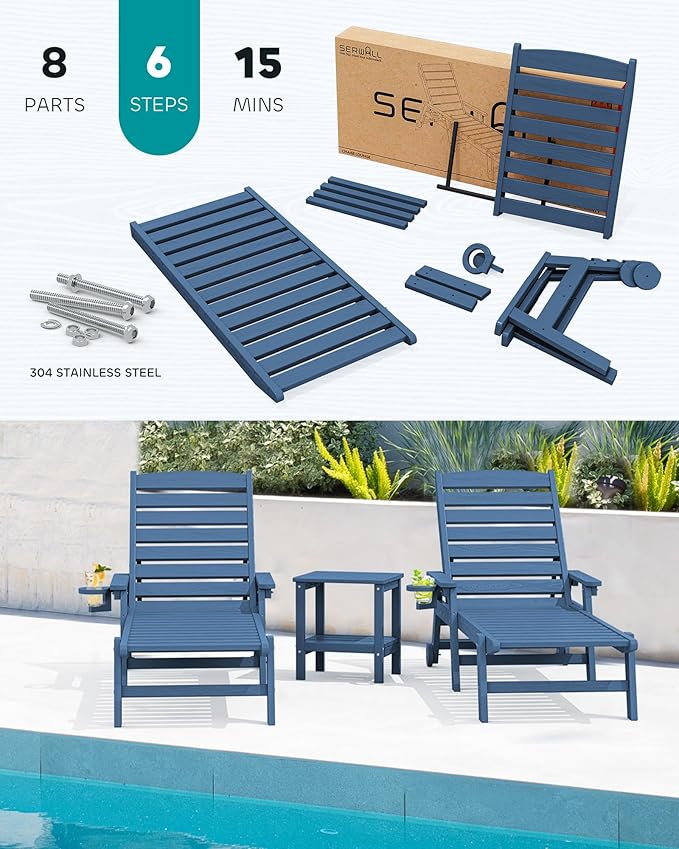 SERWALL Patio Chaise Lounge Chair Set of 6, 5 Positions Adjustable Poly Outdoor Lounge Chair for Pool, HDPE Lounge Chair with Rolling Wheels & Cup Holder for Poolside, Deck, Blue