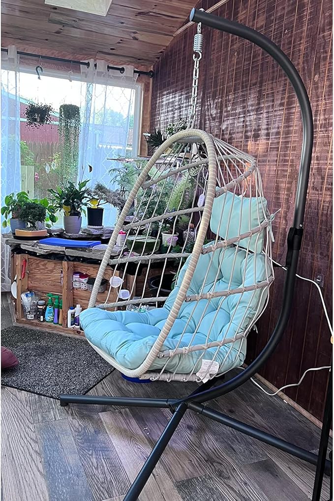 Yechen Egg Swing Chair with Stand, Patio Wicker Rattan Hanging Chair Swing Hammock Egg Chairs with UV Resistant Cushion for Indoor Bedroom Outdoor Garden Backyard, Light Blue (QH1912050036USBL)