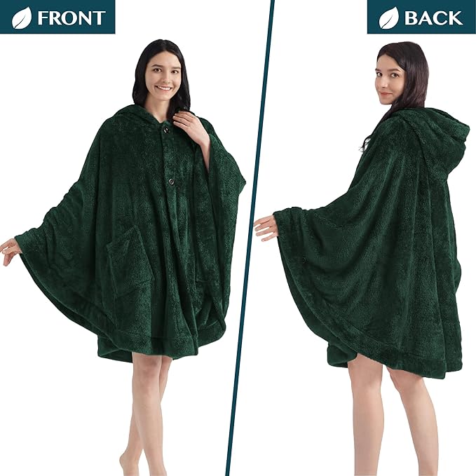 PAVILIA Angel Wrap Hooded Blanket Poncho, Wearable Blanket Throw Wrap Poncho for Women Adult, Cozy Fluffy Sherpa Fleece Shawl Cape with Hood pockets, Warm Gift for Mom Wife, Emerald Green