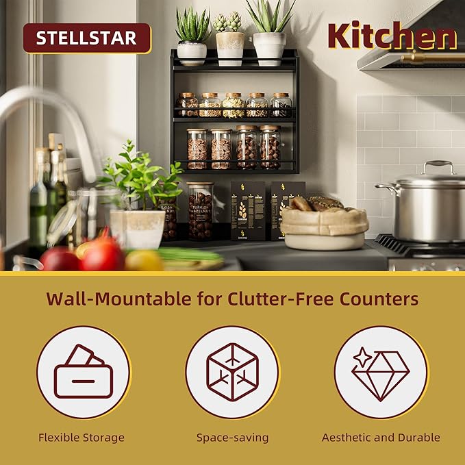 Bamboo Spice Rack Wall Mount or Tabletop Holder, 3-Tier Shelf for Seasoning Bottles Organizer, Medicine Holder (Black)