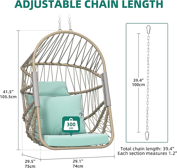 YITAHOME Hanging Egg Chair Without Stand, Rattan Wicker Swing Egg Chair with Resistant Cushion, 350lbs Capacity, Foldable Hanging Basket Chair for Porch, Garden, Bedroom, Balcony - Sky Blue