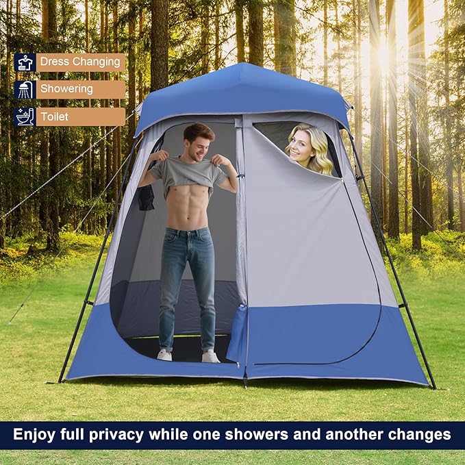 2-Room Camping Shower Tent, Instant Pop-up Privacy Shelter, Extra Large Changing Room & Toilet Tents with Ventilation, Portable Outdoor Shower with Rainfly & Floor for Dressing, Hiking, Beach, Fishing