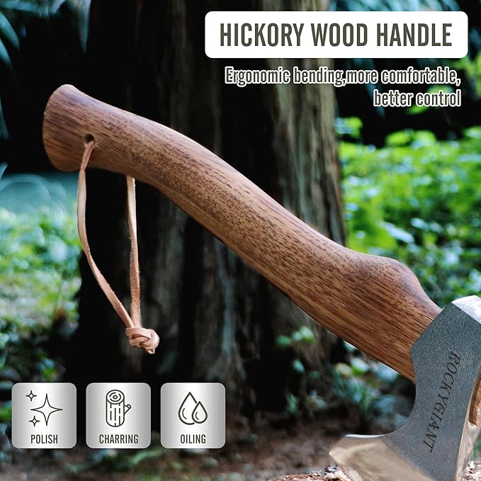 ROCKYGIANT 11'' Small Axe Hatchet, Camping Axe for Limbing or Splitting Kindling and Firewood, Hand Forged, with Leather Sheath and Hickory Wood Handle, for Outdoor Garden Forest