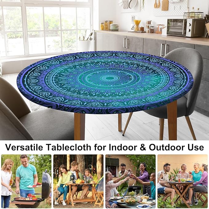 Round Tablecloth Fitted Elastic Table Cover Waterproof Table Cloth for Dinner, Party, Picnic,Camping, Round Table Cover for Indoor Outdoor