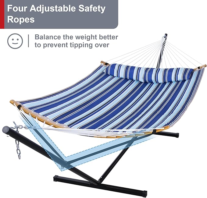 12 Ft Yard Hammock with Stand, 2 Person Hammock Freestanding with Curved Spreader Bar, Large Hammocks for Outside with Pillow and Portable Bag, Heavy Duty 450 lbs, Blue Stripes