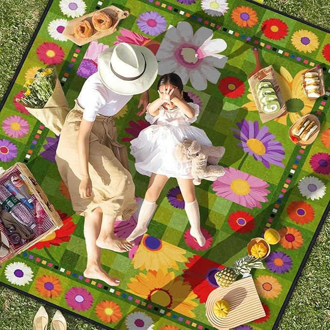 Extra Large Picnic Outdoor Blanket 80''x80'' Green Flower Waterproof and Sandproof Picnic Mat for Beach Foldable Camping Accessories for Grass Lawn Park