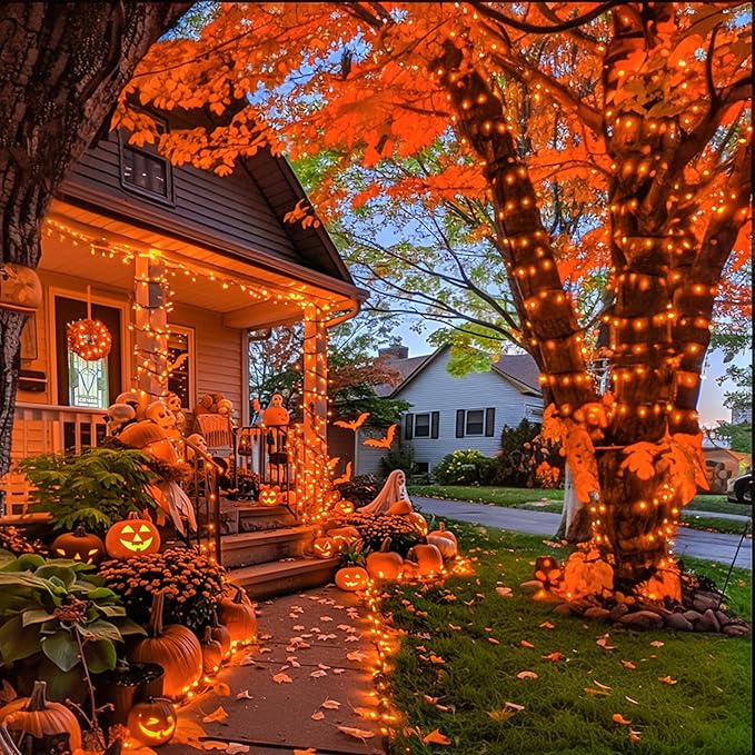 JMEXSUSS 250 LED Orange String Lights, 91.5ft Orange Halloween Lights Outdoor Waterproof, 8 Lighting Modes Connectable Halloween Tree Light for Yard Patio Party Holiday Decorations