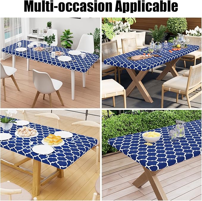 Smiry Rectangle Picnic Table Cover, Waterproof Elastic Fitted Camping Tablecloths for 8 Foot Tables, Wipeable Flannel Backed Vinyl Tablecloth Protector for Indoor, Outdoor (Navy, 36x96 Inches)