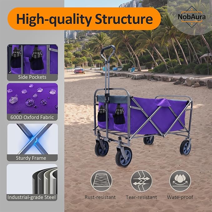 Collapsible Wagon Cart, Large Capacity Utility Foldable Garden Cart, 150 lb Heavy Duty Outdoor Wagon with All-Terrain Wheels, for Camping, Garden,Shopping, Sports, Purple