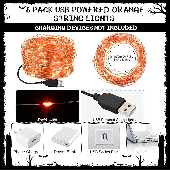 Macarrie Fairy Lights USB Powered 16 ft 50 LED String Lights Plug in for Xmas Indoor Outdoor Party Wedding Home Festival Tree Garden Decoration (Orange,6 Pcs)