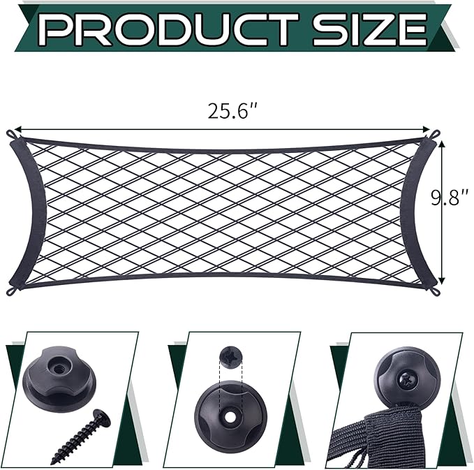 JINGKE 2 Pcs Small Cargo Net Pocket Elastic Mesh Netting Car Mesh Pouch with Screws and Hooks for Trunk RV Boats Home Cargo Storage (25.6'' x 9.8'')