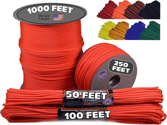 BORED? PARACORD! 550 lb Paracord - Ideal for Crafting, Camping, DIY Projects, Active & Military Outdoors - Strong Survival Rope - Tactical Parachute Cord Type III - Neon Orange 100 Feet