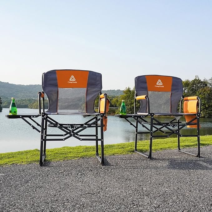 Wide Folding Director Chair with Table, Outdoor Camping Chair for Adults with Cup Holder Load 330 Lbs, Portable Lightweight Chair for Outside with Carry Bag for Patio, Orange-2Pack