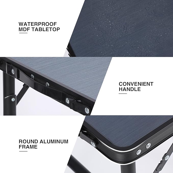 RedSwing Small Folding Table Adjustable Height, Lightweight and Portable Aluminum Frame Camping Table for Outdoor Indoor Picnic, 2 Feet, Grey