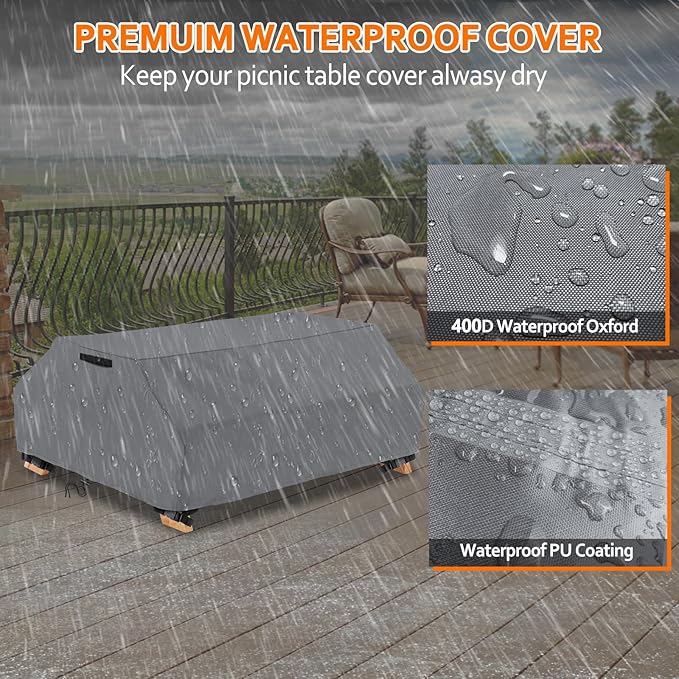 STARTWO Waterproof Picnic Table Cover Outdoor Patio Bench Covers for 8 ft Picnic Table Bench Set Windproof 96 Inch,Grey