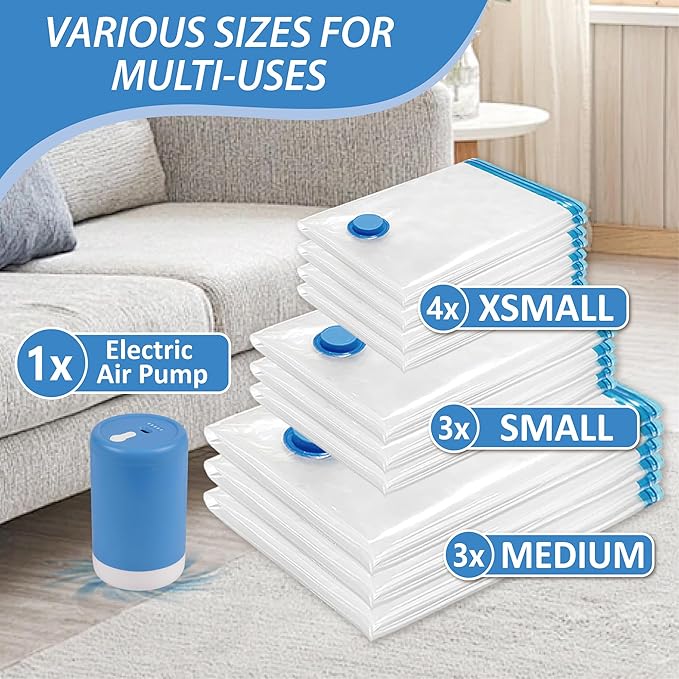 Cozy Essential Travel Vacuum Bags with Electric Pump, 10 Pack Vacuum Travel Bags for Luggage and Suitcase, Vacuum Seal Space Saver Compression for Clothes Clothing