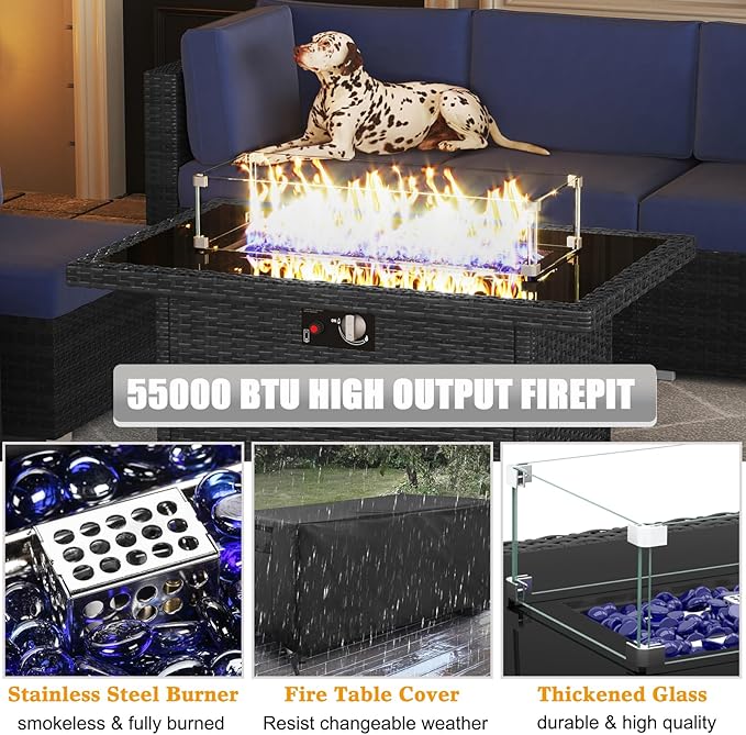 LayinSun 7 Pieces Outdoor Patio Furniture Set with 44" Fire Pit Table Rattan Sectional Sofa Conversation Sets