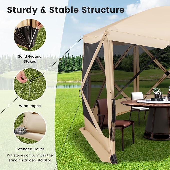 Tangkula 11.5x11.5 Ft Pop Up Gazebo with Netting, Portable Screen Tent with 6 Sided Mesh Walls, 2 Sunshade Cloths, Outdoor Instant Canopy Shelter with Carry Bag for Camping, Lawn, Backyard