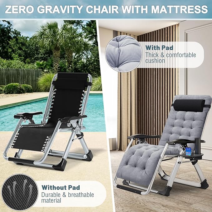 ABORON Zero Gravity Chair,Premium Outdoor Lawn Folding Lounge Chairs,Sturdy Adjustable Reclining Patio Chairs with Removable Cushion,Headrest & Tray