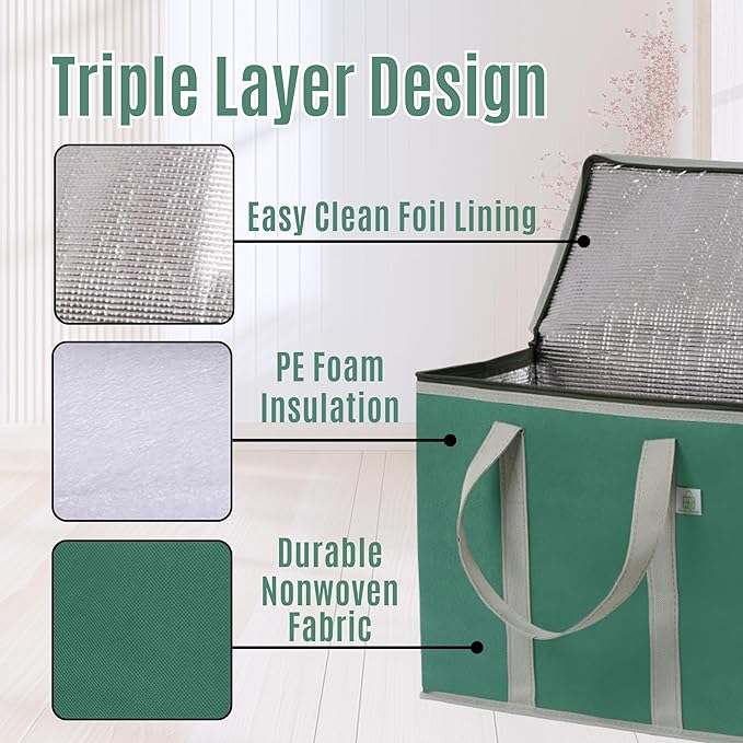 VENO 3 Pack Cooler Bag Insulated Reusable Grocery Shopping Bag, Food Delivery, Heavy Duty, Large Size, Durable Handles, Double Zippers, Lid, Collapsible (Green, 3 Pack)