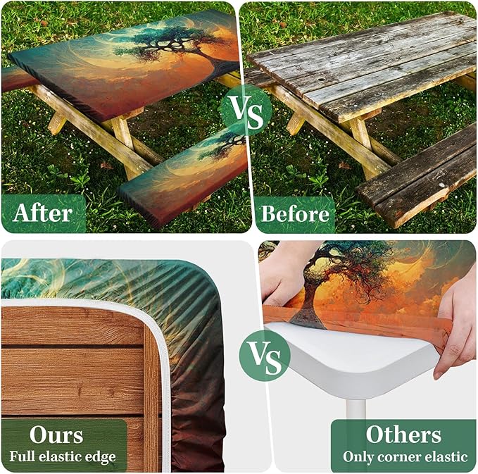 Picnic Table Cover with Bench Covers Elastic Edges, Tree Camper Fitted Table Cover, Outdoor Patio Camping Essentials 72 Inch 3PCS, Waterproof Camping Fitted Tablecloth with Drawstring Bag