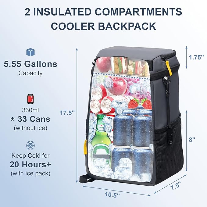 Backpack Cooler Insulated Leak Proof 33/49 Cans, 2 Insulated Compartments Thermal Bag, Portable Lightweight Beach Travel Camping Lunch Backpack for Men and Women