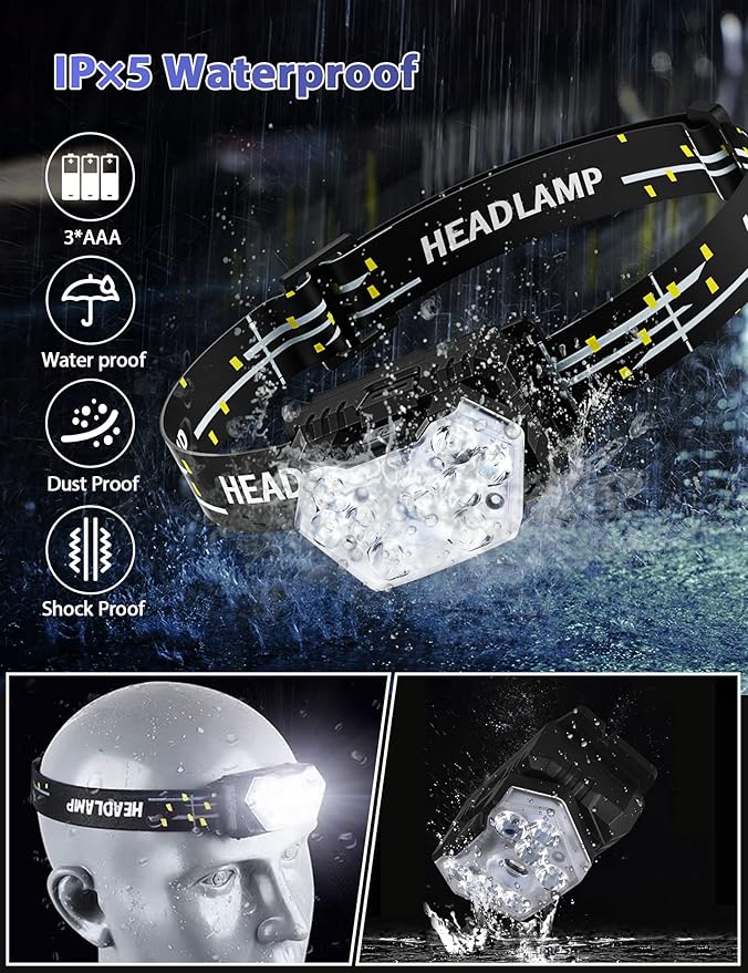2000 Lumen 9 LED Headlamp, Ultra Bright Head Lamp with 6 Modes, Lightweight Head with Adjustable Strap, IPX5 Waterproof Headlight Great for Camping Hiking, 3 AAA Batteries Included
