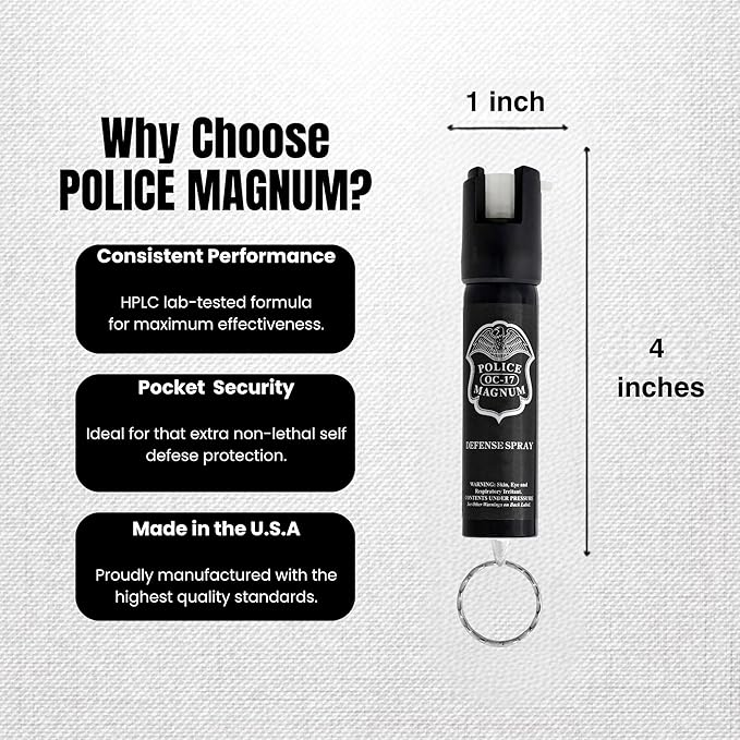 Police Magnum Small Pepper Spray Self Defense Safety Tool- Strong Built-in Keychain Holder- Compact Discreet Canister- Made in The USA- 1 Pack 3/4oz Twist Lock Keyring