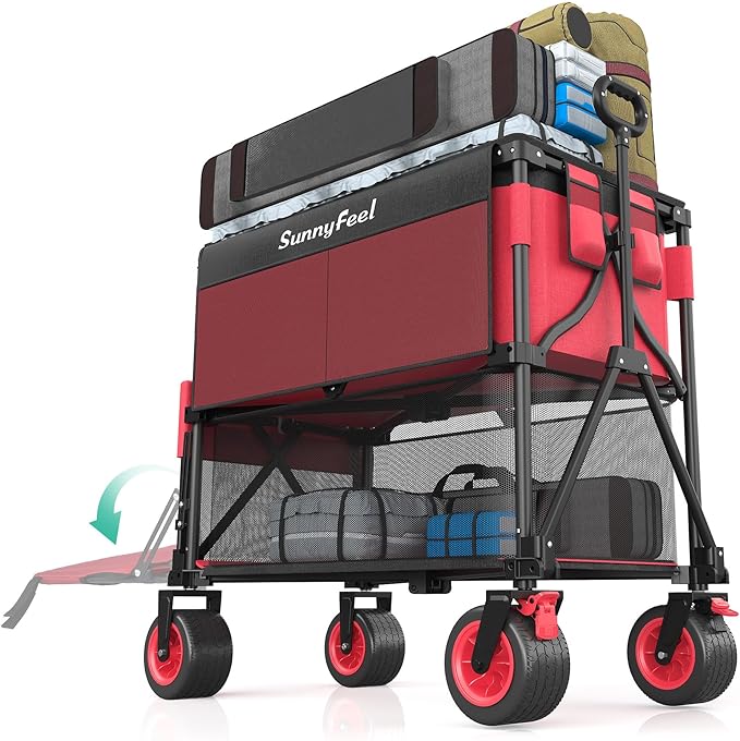 SUNNYFEEL Heavy Duty Collapsible Outdoor Utility Wagon Cart 500LB Capacity Adjustable Handlebar,Foldable Beach Wheels Stable Durable Oxford Fabric for Shopping Garden Camping (Red, Double Deck)