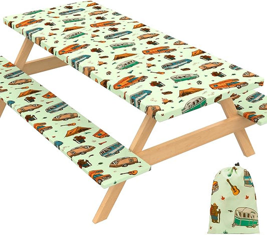72 X 30 Inch Elastic Fitted Camping Table Cover with Bench Covers & Storage Bag, Picnic Tablecloth, Fits 6ft Picnic Tables, Polyester, Washable, Spill Resistant, Waterproof - Vintage
