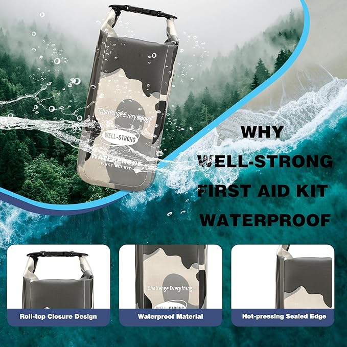 Waterproof First Aid Kit Roll Top Boat Emergency Kit with Waterproof Contents for Fishing Kayaking Boating Swimming Camping Rafting Beach Camouflage Grey
