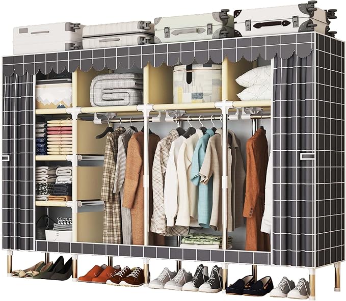 Portable Wardrobe Closet Durable and Easy to Assemble Heavy Duty Clothes Rack with Non-Woven Cover Fabric Best for Bedroom and Easy Storage and Organization (Grey-D)