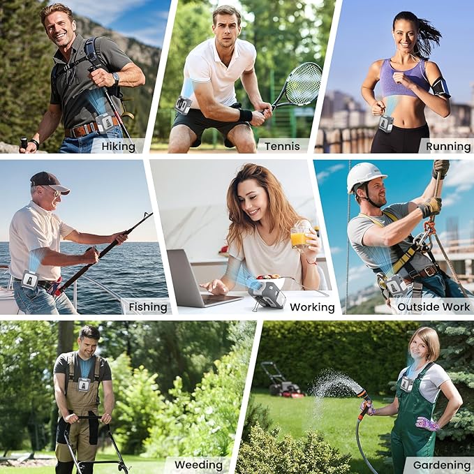 Portable Fan Wearable Personal Fan with 5 Speed Max 55 Working Hours Low Noise Portable Neck Fans Cooling Waist Fans for Camping Traveling LED Power Display 10000mAh Rechargeable (White and Gray)