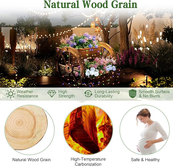 Wooden Wagon Planter Box with Solar Light, Garden Planter with Wheels,Decorative for Flowers Herbs Vegetables for Indoor & Outdoor Decor,Wooden Flower Cart for Patio Garden Balcony