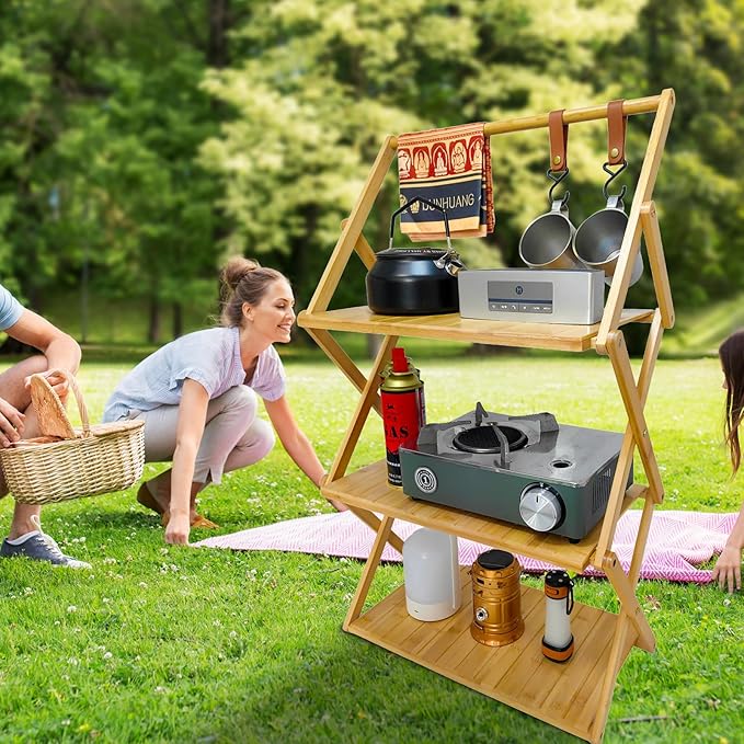 Foldable Bamboo Shelf, Folding Shoe Rack, Flower Rack, Camping Rack, No Installation Required, Portable, Space Saving, Multi-Purpose Storage Rack (Natural,3 Tiers with Boom)