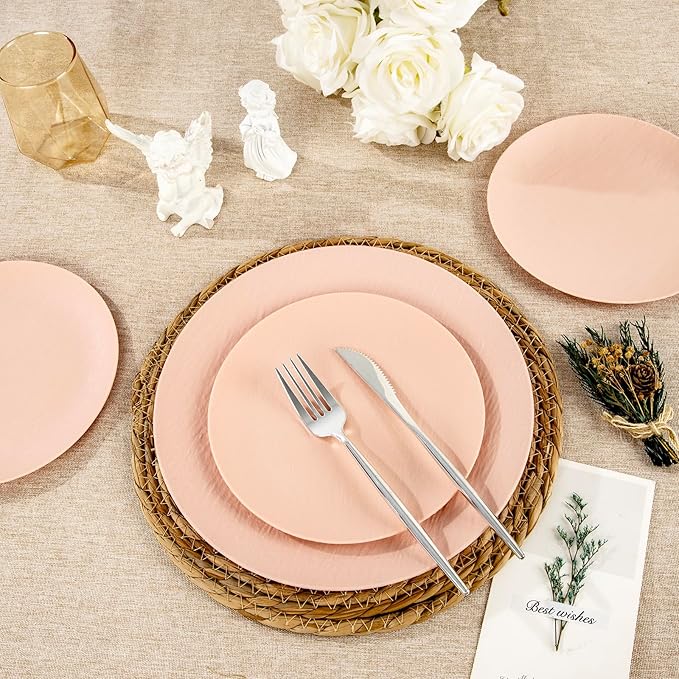 WONDERFUL 32pcs Pink Plates - Reusable Pink Plastic Plates Unbreakable and Reusable Plate Dishwasher safe Dishes Set Includes:16 Dinner 10" and 16 Dessert Plate 7.3" for Wedding Bridal Shower Camping