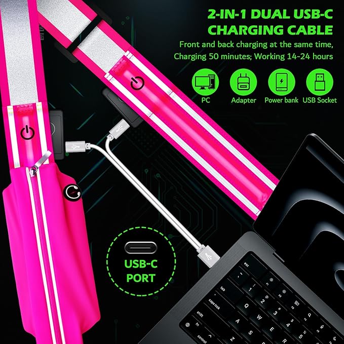 Reflective Sash Gear for Walking at Night,LED Reflective Belt Safety Lights,Lights for Night Dog Walking,High Visibility Type-C Rechargeable with Phone Holder for Men Women