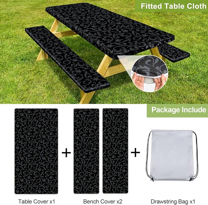 Picnic Table Cover with Bench Covers Camping Essentials Waterproof Windproof Camping Tablecloth with Drawstring Bag, Fitted Rectangle Tables and Seats, 72in, Black Grey
